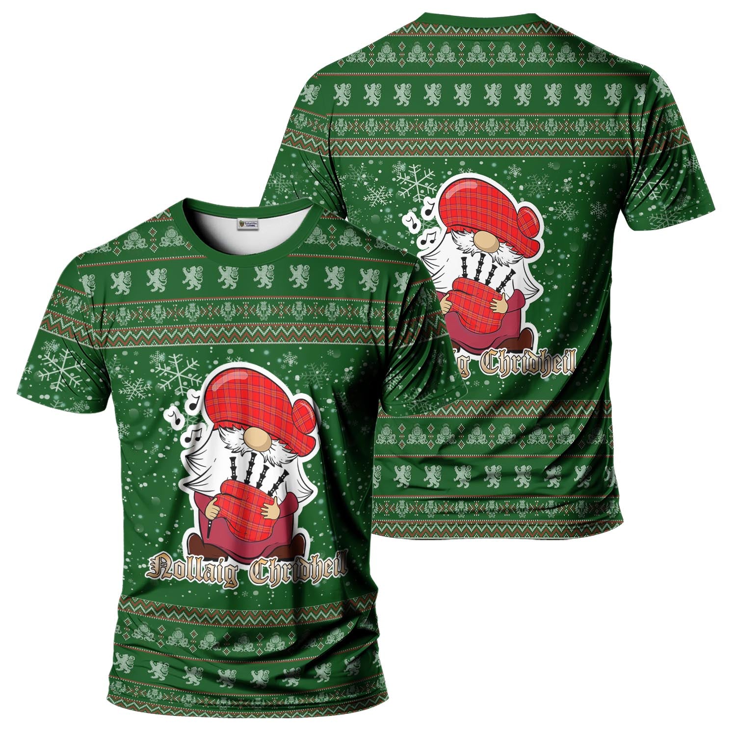 Burnett Modern Clan Christmas Family T-Shirt with Funny Gnome Playing Bagpipes Men's Shirt Green - Tartanvibesclothing