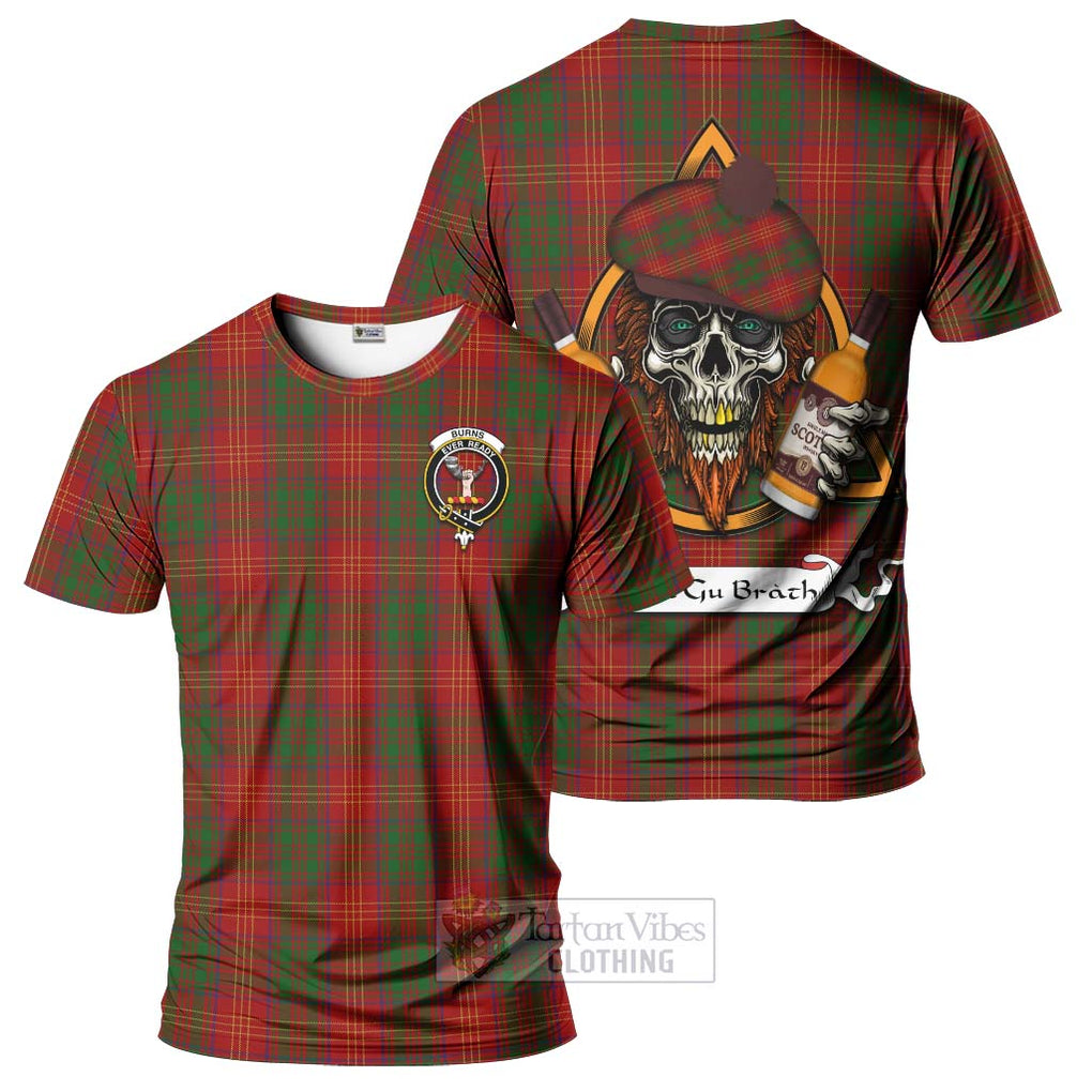 Tartan Vibes Clothing Burns Tartan T-Shirt with Family Crest and Bearded Skull Holding Bottles of Whiskey