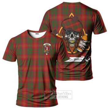 Burns Tartan T-Shirt with Family Crest and Bearded Skull Holding Bottles of Whiskey