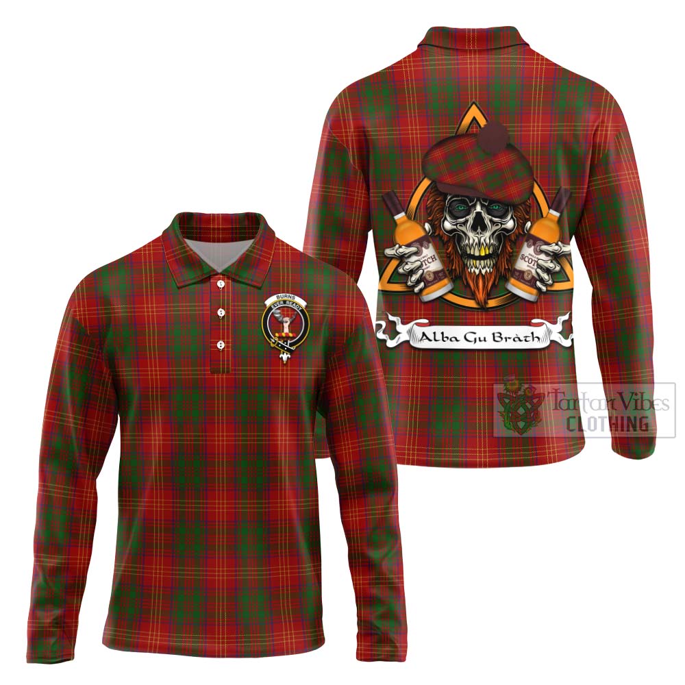 Tartan Vibes Clothing Burns Tartan Long Sleeve Polo Shirt with Family Crest and Bearded Skull Holding Bottles of Whiskey