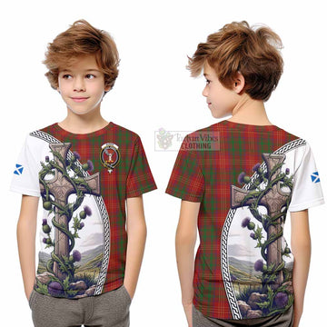 Burns Tartan Kid T-Shirt with Family Crest and St. Andrew's Cross Accented by Thistle Vines