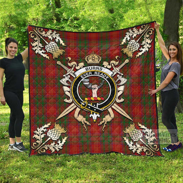 Burns Tartan Quilt with Family Crest and Golden Thistle Crossed Sword Design