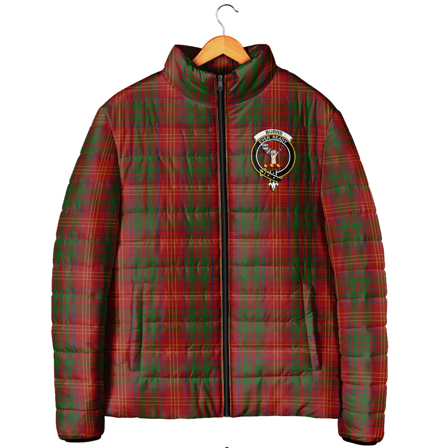 Burns Tartan Padded Jacket with Family Crest Men's Padded Jacket - Tartan Vibes Clothing