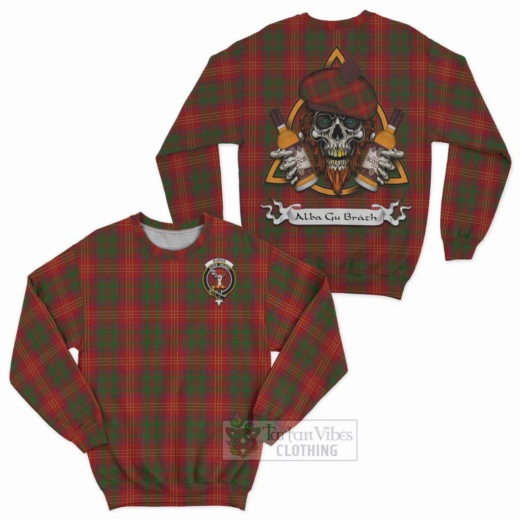 Tartan Vibes Clothing Burns Tartan Sweatshirt with Family Crest and Bearded Skull Holding Bottles of Whiskey