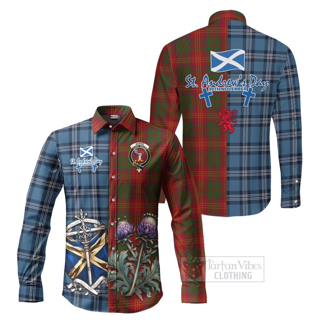 Tartan Vibes Clothing Burns Tartan Long Sleeve Button Shirt Happy St. Andrew's Day Half Tartan Style