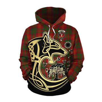 Burns Tartan Cotton Hoodie with Family Crest Celtic Wolf Style