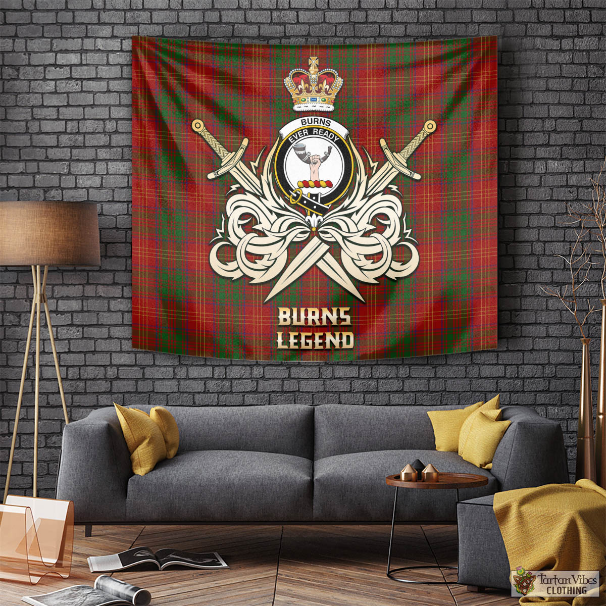 Tartan Vibes Clothing Burns Tartan Tapestry with Clan Crest and the Golden Sword of Courageous Legacy