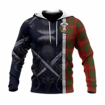 Burns Tartan Knitted Hoodie with Family Crest Cross Sword Thistle Celtic Vibes