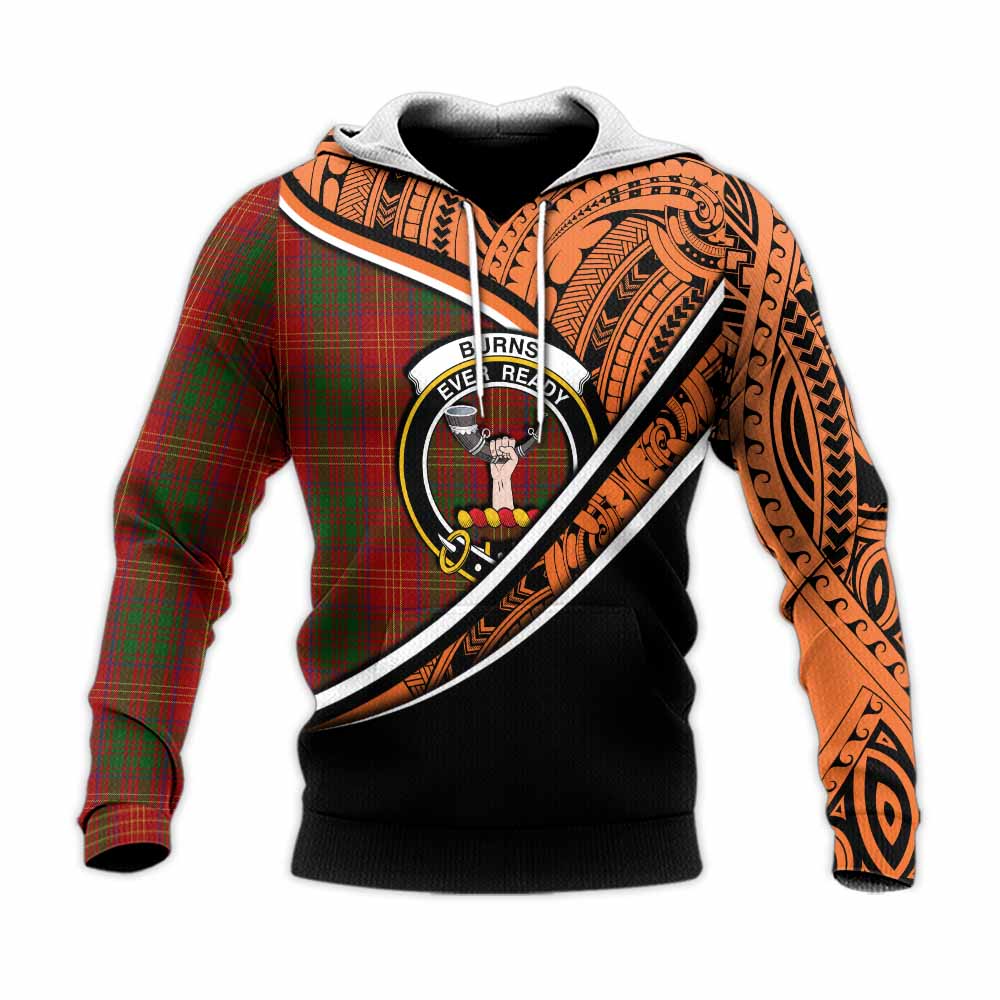 Tartan Vibes Clothing Burns Crest Tartan Knitted Hoodie with Maori Tattoo Style - Orange Version