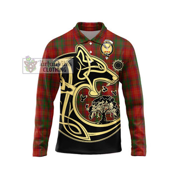 Burns Tartan Long Sleeve Polo Shirt with Family Crest Celtic Wolf Style