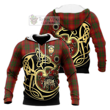 Burns Tartan Knitted Hoodie with Family Crest Celtic Wolf Style