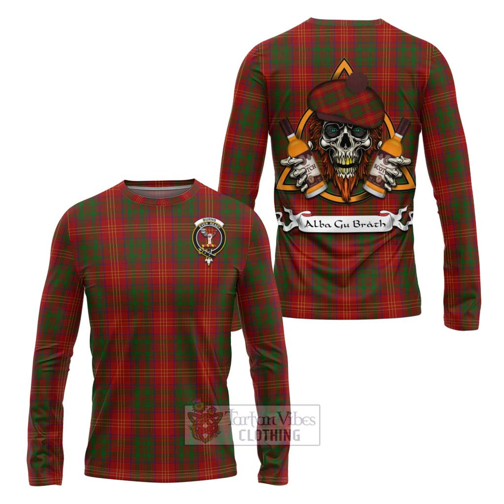 Tartan Vibes Clothing Burns Tartan Long Sleeve T-Shirt with Family Crest and Bearded Skull Holding Bottles of Whiskey