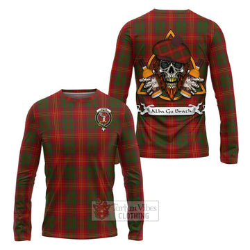 Burns Tartan Long Sleeve T-Shirt with Family Crest and Bearded Skull Holding Bottles of Whiskey