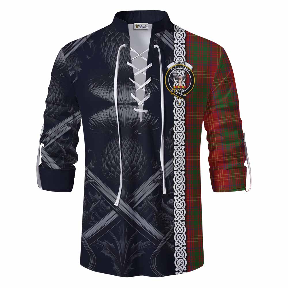 Burns Tartan Ghillie Kilt Shirt with Family Crest Cross Sword Thistle Celtic Vibes Men - Tartan Vibes Clothing