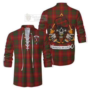 Burns Tartan Ghillie Kilt Shirt with Family Crest and Bearded Skull Holding Bottles of Whiskey