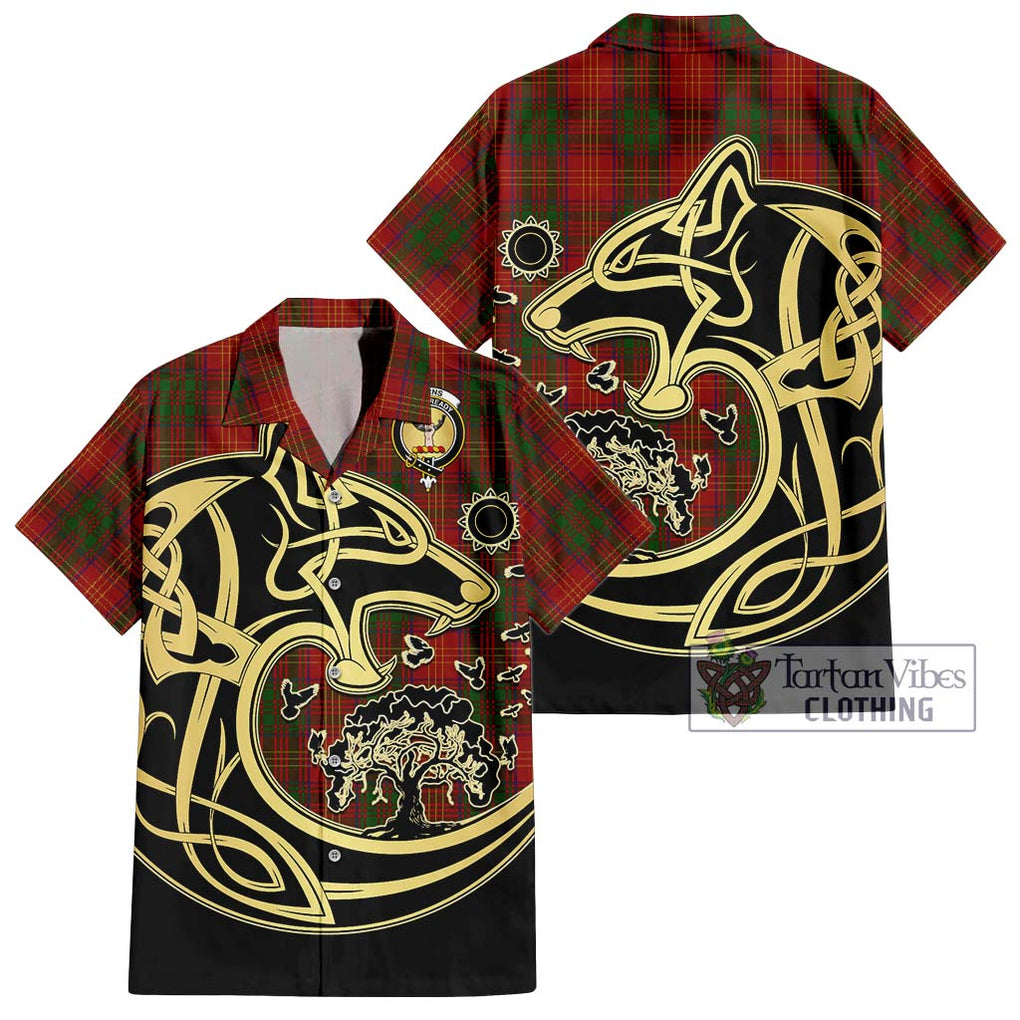 Burns Tartan Short Sleeve Button Shirt with Family Crest Celtic Wolf Style Kid - Tartan Vibes Clothing