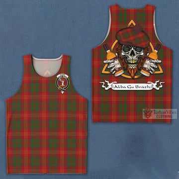 Burns Tartan Men's Tank Top with Family Crest and Bearded Skull Holding Bottles of Whiskey