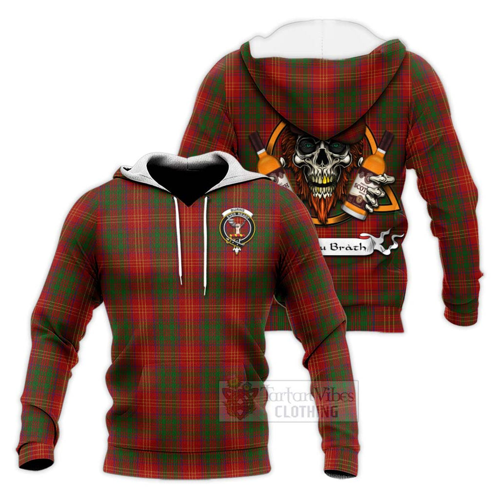 Tartan Vibes Clothing Burns Tartan Knitted Hoodie with Family Crest and Bearded Skull Holding Bottles of Whiskey