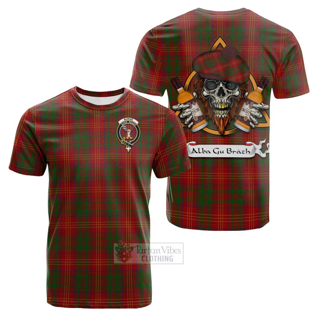 Tartan Vibes Clothing Burns Tartan Cotton T-shirt with Family Crest and Bearded Skull Holding Bottles of Whiskey