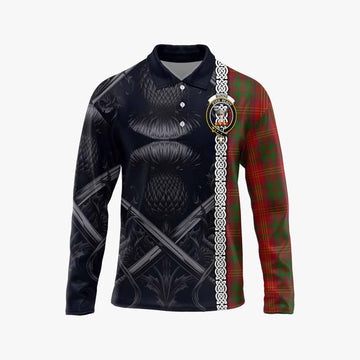 Burns Tartan Long Sleeve Polo Shirt with Family Crest Cross Sword Thistle Celtic Vibes