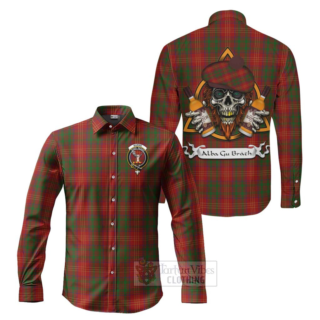 Tartan Vibes Clothing Burns Tartan Long Sleeve Button Shirt with Family Crest and Bearded Skull Holding Bottles of Whiskey