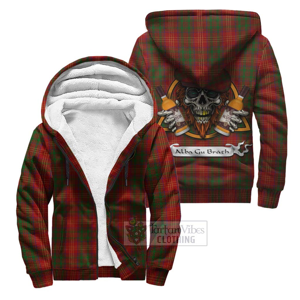 Tartan Vibes Clothing Burns Tartan Sherpa Hoodie with Family Crest and Bearded Skull Holding Bottles of Whiskey