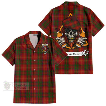 Burns Tartan Short Sleeve Button Shirt with Family Crest and Bearded Skull Holding Bottles of Whiskey