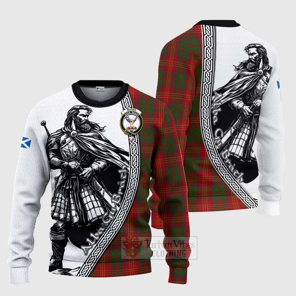 Tartan Vibes Clothing Burns Tartan Clan Crest Knitted Sweater with Highlander Warrior Celtic Style