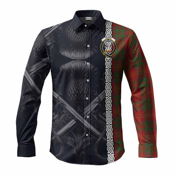 Burns Tartan Long Sleeve Button Shirt with Family Crest Cross Sword Thistle Celtic Vibes