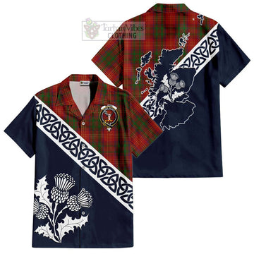 Burns Tartan Short Sleeve Button Shirt Featuring Thistle and Scotland Map