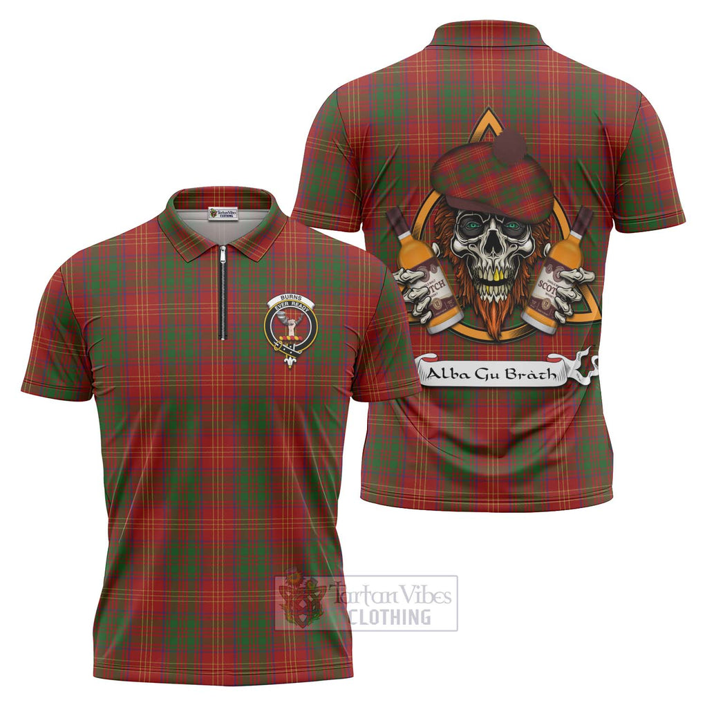 Tartan Vibes Clothing Burns Tartan Zipper Polo Shirt with Family Crest and Bearded Skull Holding Bottles of Whiskey