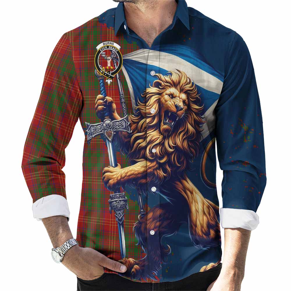 Tartan Vibes Clothing Burns Tartan Family Crest Long Sleeve Button Shirt with Scottish Majestic Lion