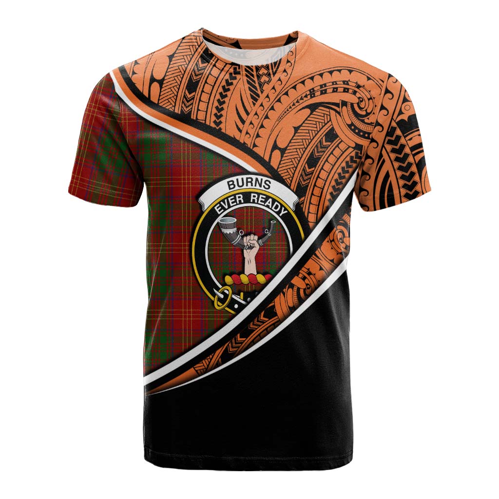 Tartan Vibes Clothing Burns Crest Tartan Cotton T-shirt with Maori Tattoo Style - Orange Version