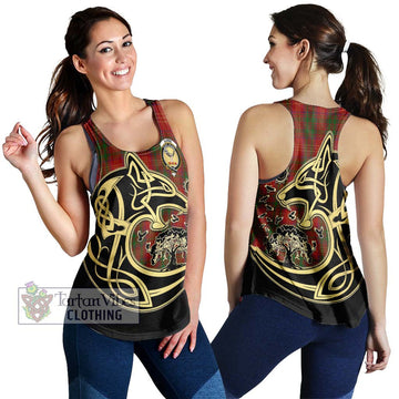 Burns Tartan Women's Racerback Tanks with Family Crest Celtic Wolf Style