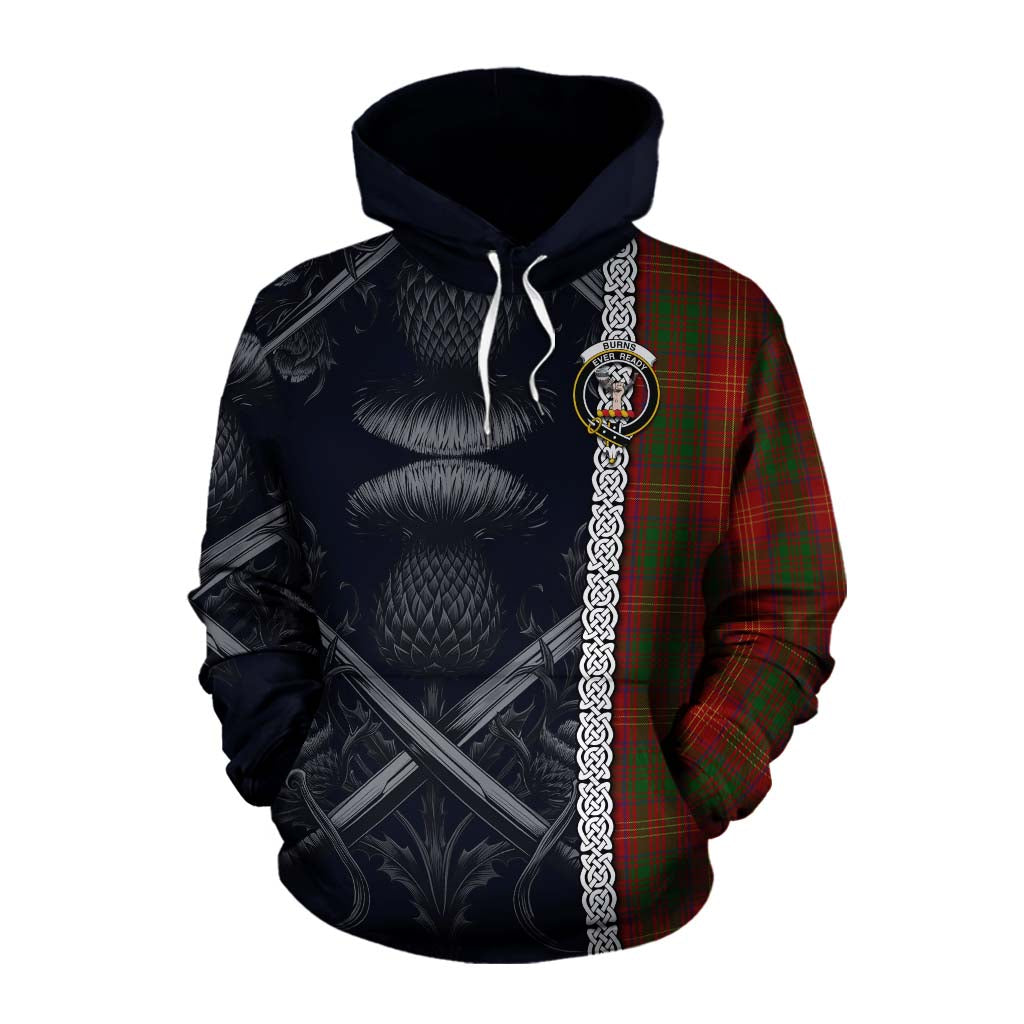 Tartan Vibes Clothing Burns Tartan Cotton Hoodie with Family Crest Cross Sword Thistle Celtic Vibes