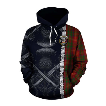 Burns Tartan Cotton Hoodie with Family Crest Cross Sword Thistle Celtic Vibes