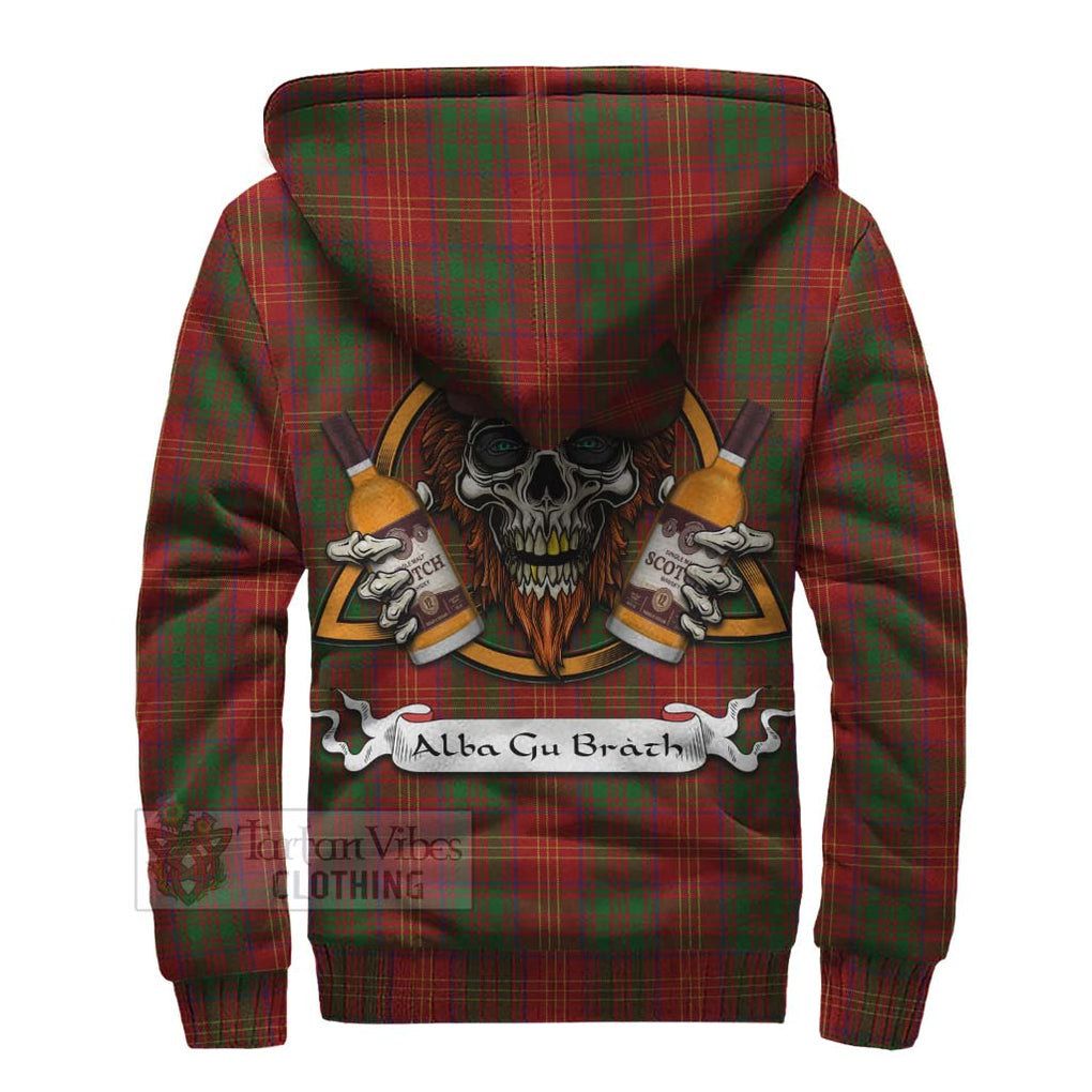 Tartan Vibes Clothing Burns Tartan Sherpa Hoodie with Family Crest and Bearded Skull Holding Bottles of Whiskey