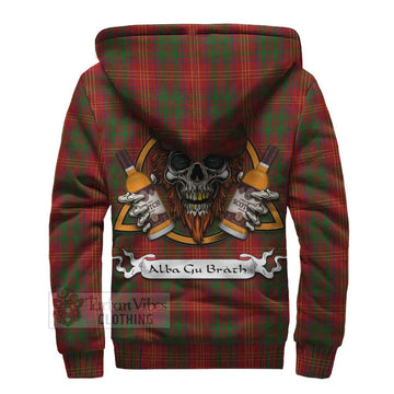 Burns Tartan Sherpa Hoodie with Family Crest and Bearded Skull Holding Bottles of Whiskey