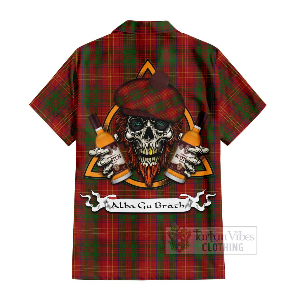 Tartan Vibes Clothing Burns Tartan Short Sleeve Button Shirt with Family Crest and Bearded Skull Holding Bottles of Whiskey