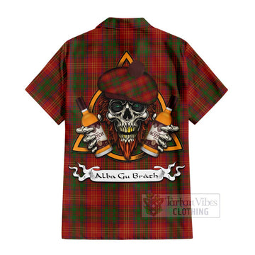 Burns Tartan Short Sleeve Button Shirt with Family Crest and Bearded Skull Holding Bottles of Whiskey