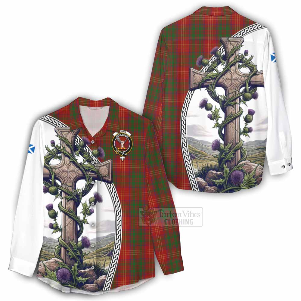 Tartan Vibes Clothing Burns Tartan Women's Casual Shirt with Family Crest and St. Andrew's Cross Accented by Thistle Vines