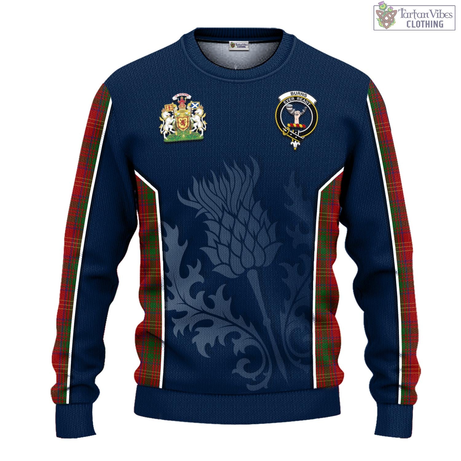 Tartan Vibes Clothing Burns Tartan Knitted Sweatshirt with Family Crest and Scottish Thistle Vibes Sport Style