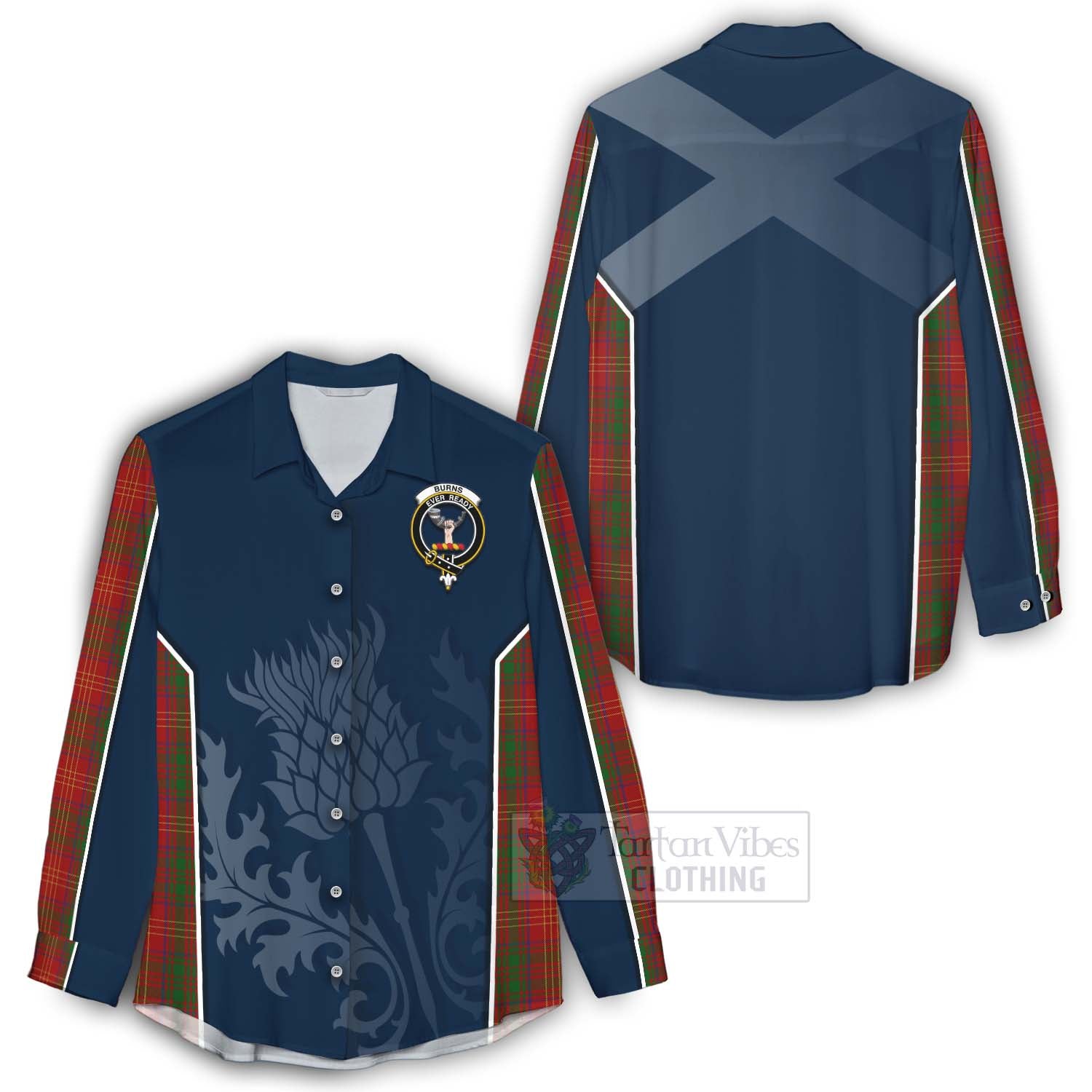 Tartan Vibes Clothing Burns Tartan Women's Casual Shirt with Family Crest and Scottish Thistle Vibes Sport Style