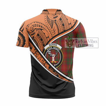 Burns Crest Tartan Zipper Polo Shirt with Polynesian Vibes Style - Orange Version