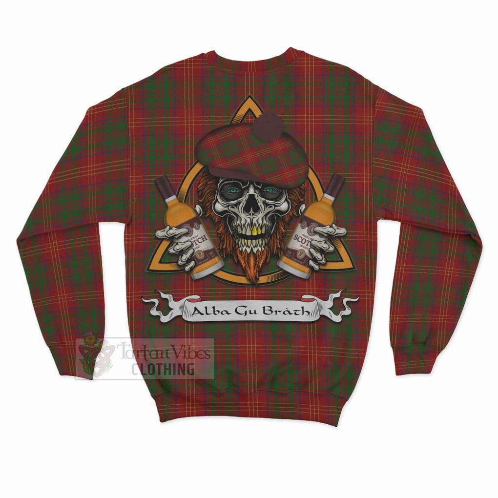 Tartan Vibes Clothing Burns Tartan Sweatshirt with Family Crest and Bearded Skull Holding Bottles of Whiskey