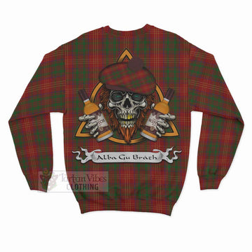 Burns Tartan Sweatshirt with Family Crest and Bearded Skull Holding Bottles of Whiskey