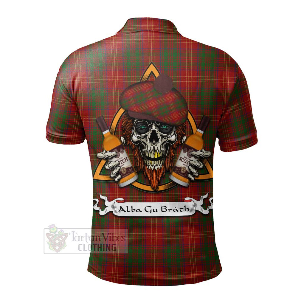 Tartan Vibes Clothing Burns Tartan Polo Shirt with Family Crest and Bearded Skull Holding Bottles of Whiskey