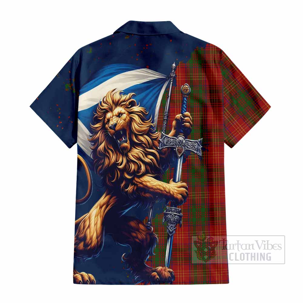 Tartan Vibes Clothing Burns Tartan Family Crest Short Sleeve Button Shirt with Scottish Majestic Lion