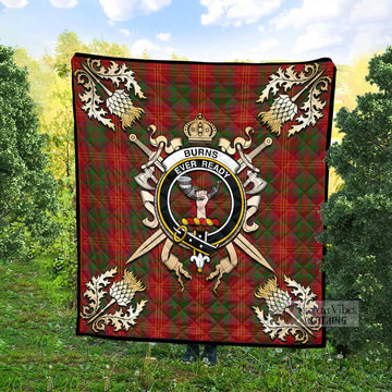 Burns Tartan Quilt with Family Crest and Golden Thistle Crossed Sword Design