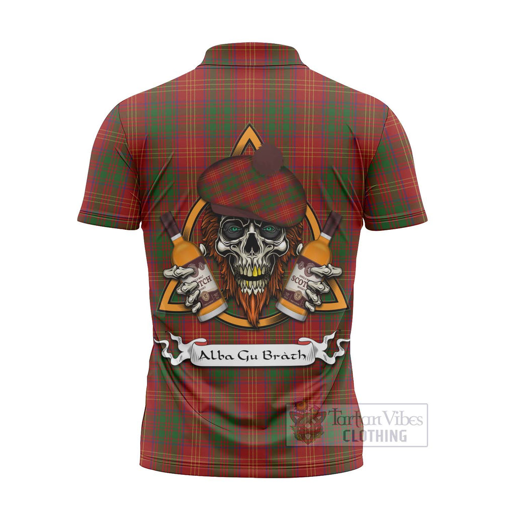 Tartan Vibes Clothing Burns Tartan Zipper Polo Shirt with Family Crest and Bearded Skull Holding Bottles of Whiskey